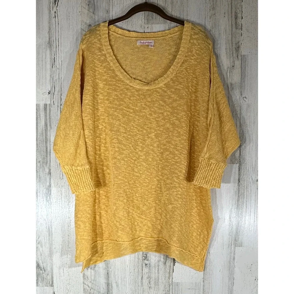 Fresh Produce Yellow Open Knit Sweater Size‎ Medium Large 3/4 Sleeve Scoop Neck